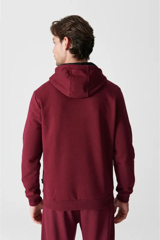 Erkek Koyu Bordo Kapüşonlu 3 İplik Şardonlu Pamuklu Sweatshirt E001018-Koyu Bordo - 4