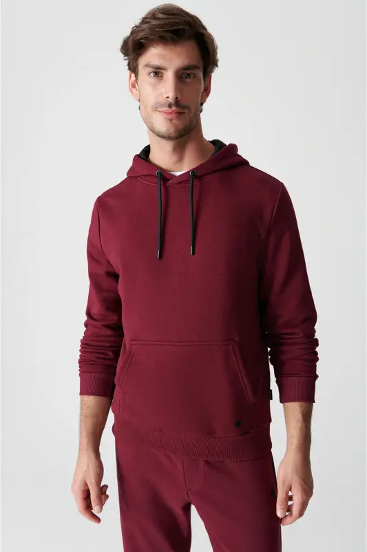 Erkek Koyu Bordo Kapüşonlu 3 İplik Şardonlu Pamuklu Sweatshirt E001018 - Koyu Bordo - 3