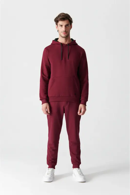 Erkek Koyu Bordo Kapüşonlu 3 İplik Şardonlu Pamuklu Sweatshirt E001018 - Koyu Bordo - 5