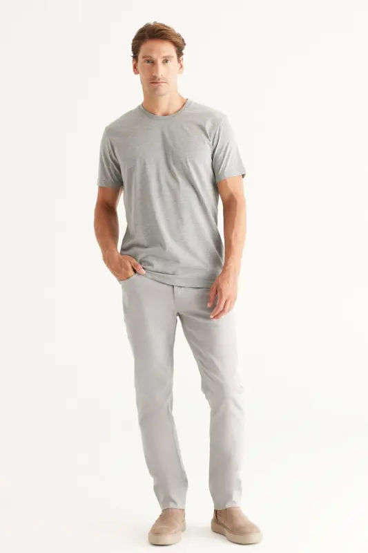 Erkek Koyu Grı Melanj Slim Fit Dar Kesim %100 Pamuk Bisiklet Yaka Basic Tişört-KOYU GRI MELANJ - 2