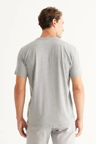Erkek Koyu Grı Melanj Slim Fit Dar Kesim %100 Pamuk Bisiklet Yaka Basic Tişört-KOYU GRI MELANJ - 5