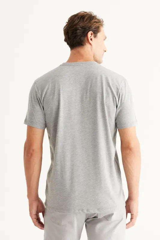 Erkek Koyu Grı Melanj Slim Fit Dar Kesim %100 Pamuk Bisiklet Yaka Basic Tişört-KOYU GRI MELANJ - 5