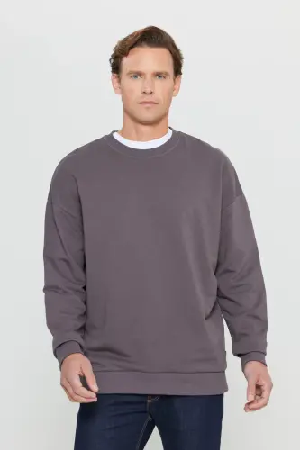 Erkek Koyu Gri Oversize Bol Kesim 3 İplik Bisiklet Yaka Pamuklu Sweatshirt - Koyu Gri 