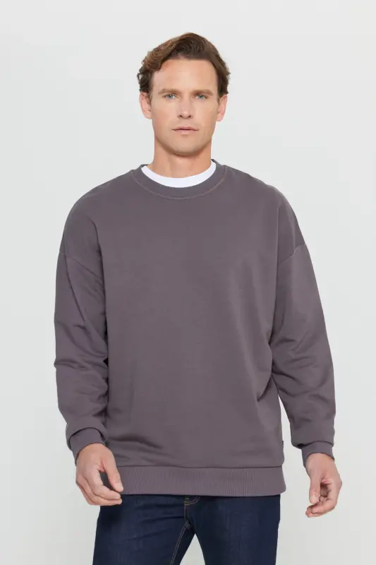 Erkek Koyu Gri Oversize Bol Kesim 3 İplik Bisiklet Yaka Pamuklu Sweatshirt - Koyu Gri - 1