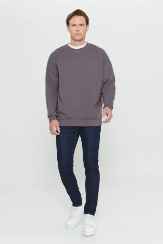 Erkek Koyu Gri Oversize Bol Kesim 3 İplik Bisiklet Yaka Pamuklu Sweatshirt - Koyu Gri - 2