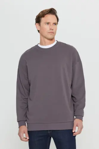 Erkek Koyu Gri Oversize Bol Kesim 3 İplik Bisiklet Yaka Pamuklu Sweatshirt - Koyu Gri - 3