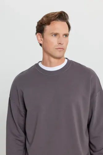 Erkek Koyu Gri Oversize Bol Kesim 3 İplik Bisiklet Yaka Pamuklu Sweatshirt - Koyu Gri - 4