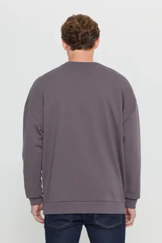 Erkek Koyu Gri Oversize Bol Kesim 3 İplik Bisiklet Yaka Pamuklu Sweatshirt - Koyu Gri - 5