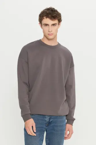 Erkek Koyu Gri Oversize Fit Bol Kesim Pamuklu Içi Polarlı 3 Iplik Bisiklet Yaka Sweatshirt - Koyu Gri - 7
