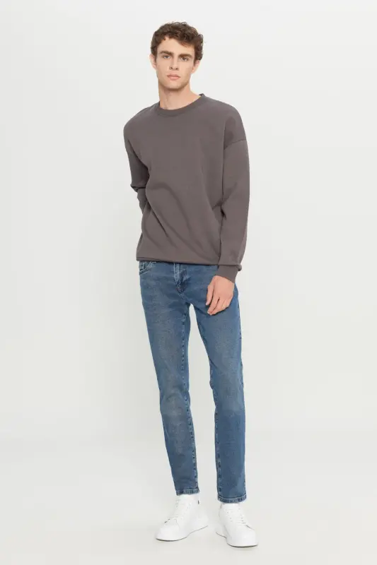 Erkek Koyu Gri Oversize Fit Bol Kesim Pamuklu Içi Polarlı 3 Iplik Bisiklet Yaka Sweatshirt - Koyu Gri - 3