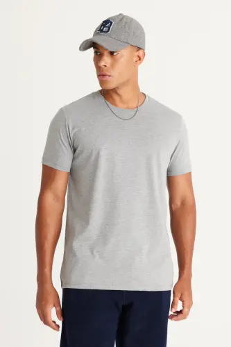 Erkek Koyu Gri Pamuklu Slim Fit Dar Kesim Bisiklet Yaka Basic Tişört-Koyu Gri 