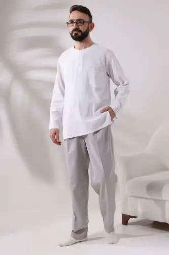 Erkek Koyu Gri Rahat Kesim Beli Lastikli Keten Hac ve Umre Şalvar Pantolon - Açık Gri - 5