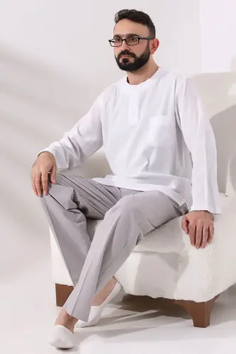 Erkek Koyu Gri Rahat Kesim Beli Lastikli Keten Hac ve Umre Şalvar Pantolon - Açık Gri - 6