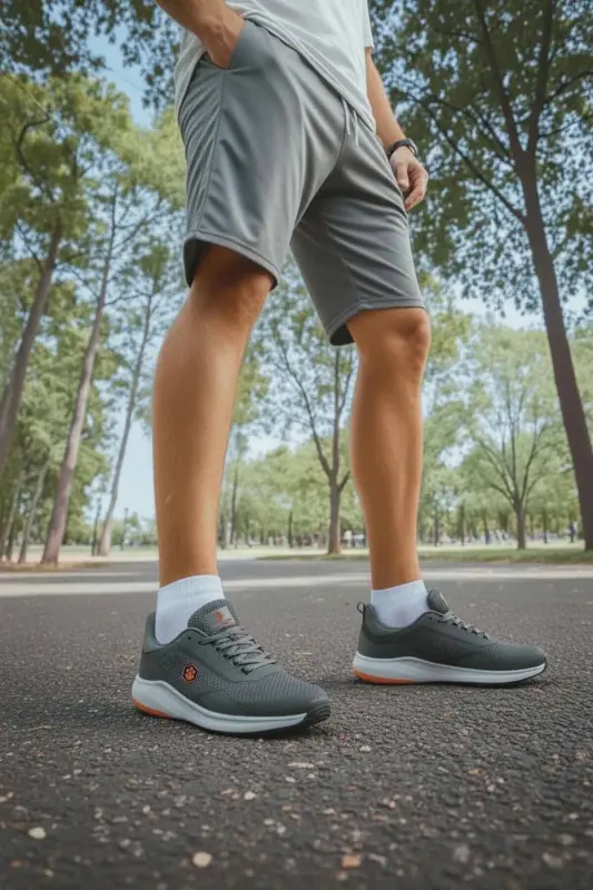 Erkek Koyu Gri Sneaker - Turuncu Detaylı Hafif Tabanlı Günlük Yürüyüş Spor Ayakkabı B-9-Gri - 2