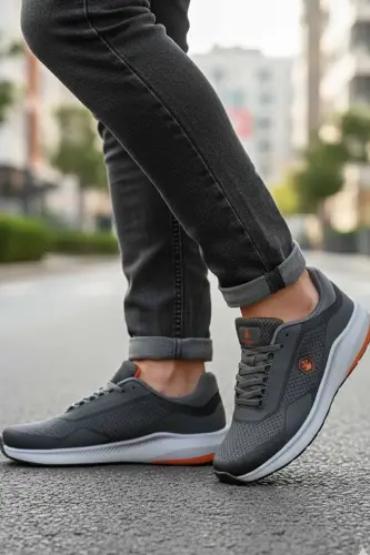 Erkek Koyu Gri Sneaker - Turuncu Detaylı Hafif Tabanlı Günlük Yürüyüş Spor Ayakkabı B-9 - Gri-RS - 6