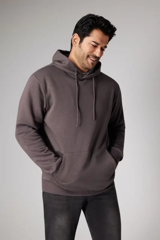 Erkek Koyu Gri Standart Fit Içi Polarlı 3 Iplik Kapüşonlu Kanguru Cepli Pamuklu Sweatshirt - Koyu Gri - 10