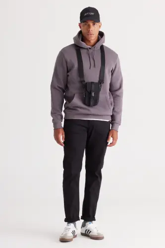 Erkek Koyu Gri Standart Fit Içi Polarlı 3 Iplik Kapüşonlu Kanguru Cepli Pamuklu Sweatshirt - Koyu Gri - 6