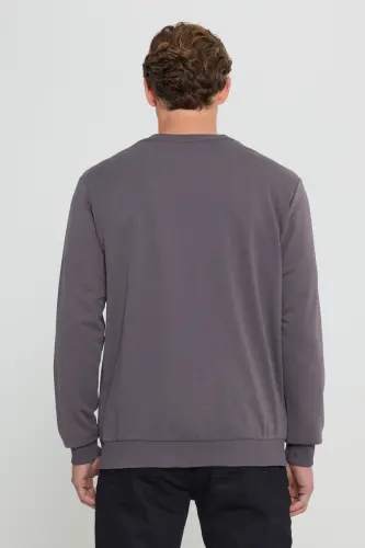 Erkek Koyu Gri Standart Fit Normal Kesim Bisiklet Yaka 3 Iplik Pamuklu Sweatshirt - Koyu Gri - 5
