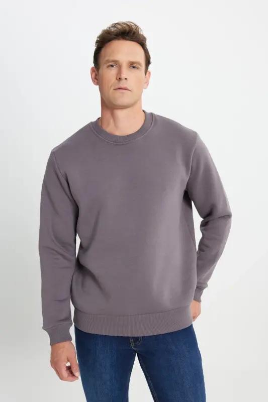 Erkek Koyu Gri Standart Fit Normal Kesim Içi Polarlı 3 Iplik Bisiklet Yaka Sweatshirt - Koyu Gri - 1