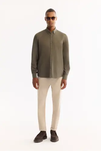 Erkek Koyu Haki Düğmeli Yaka Pamuklu Soft Touch Regular Fit Gömlek B002036-Koyu Haki - 5