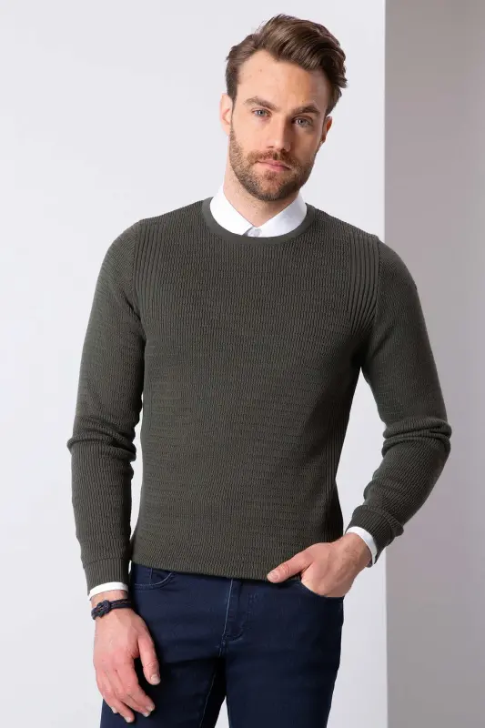 Erkek Koyu Haki Slim Fit Triko Kazak G021GL0TK.000.867193 - VR - 1