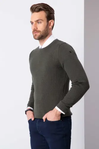 Erkek Koyu Haki Slim Fit Triko Kazak G021GL0TK.000.867193 - VR - PIERRE CARDIN (1)