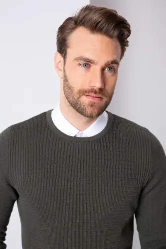Erkek Koyu Haki Slim Fit Triko Kazak G021GL0TK.000.867193 - VR - 3