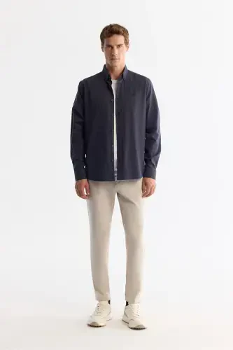 Erkek Koyu Lacivert Düğmeli Yaka %100 Pamuk Regular Fit Gömlek B002033-Koyu Lacivert - 5