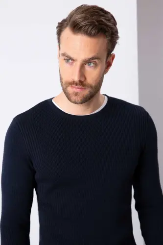 Erkek Koyu Lacivert Slim Fit Triko Kazak-VR100 - 1