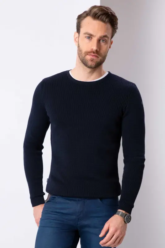 Erkek Koyu Lacivert Slim Fit Triko Kazak-VR100 - 2