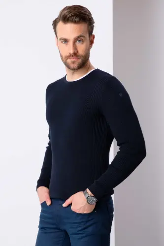 Erkek Koyu Lacivert Slim Fit Triko Kazak-VR100 - 3