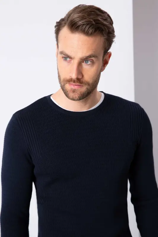 Erkek Koyu Lacivert Slim Fit Triko Kazak-VR100 - 1