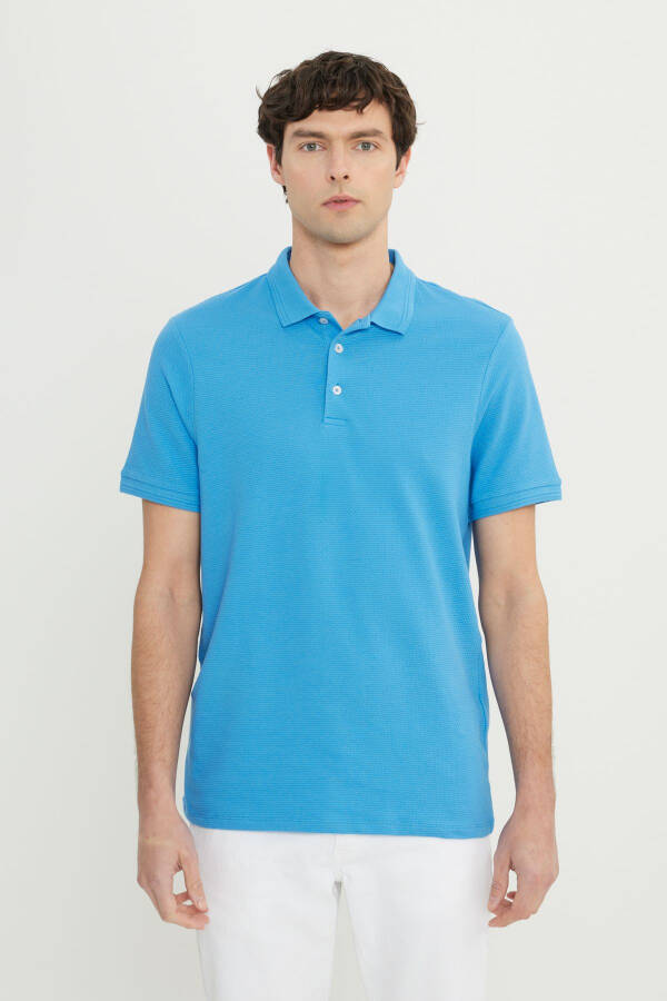 Erkek Koyu Mavi Pamuklu Slim Fit Dar Kesim Polo Yaka Jakarlı Esnek Tişört - K.MAVI - 1