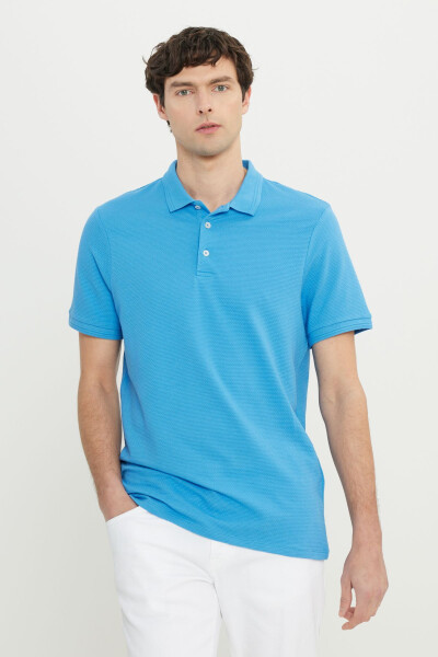 Erkek Koyu Mavi Pamuklu Slim Fit Dar Kesim Polo Yaka Jakarlı Esnek Tişört - K.MAVI - 3