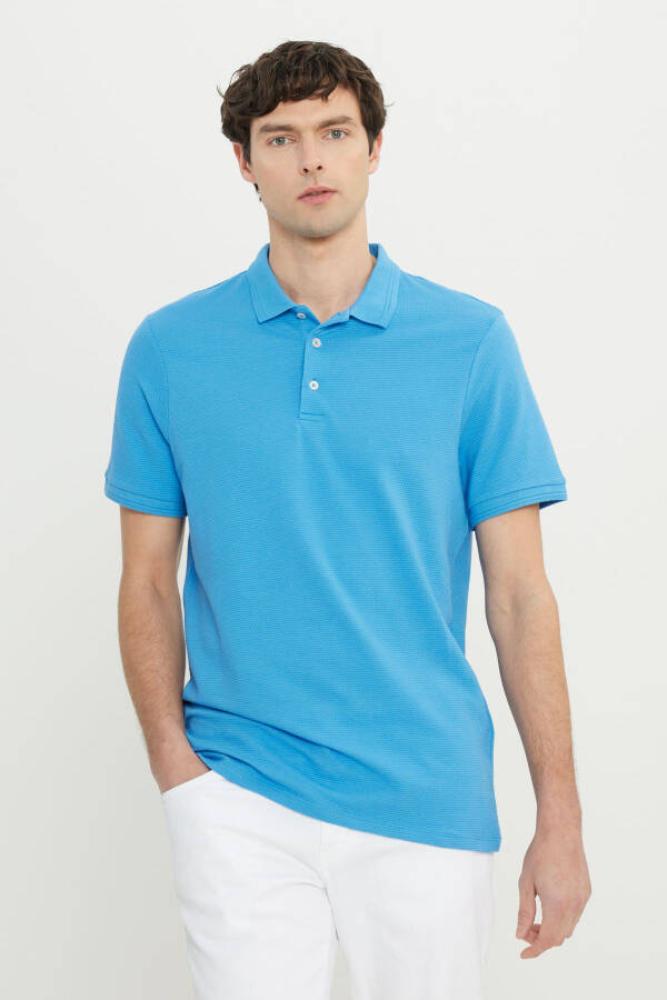 Erkek Koyu Mavi Pamuklu Slim Fit Dar Kesim Polo Yaka Jakarlı Esnek Tişört - K.MAVI - 3