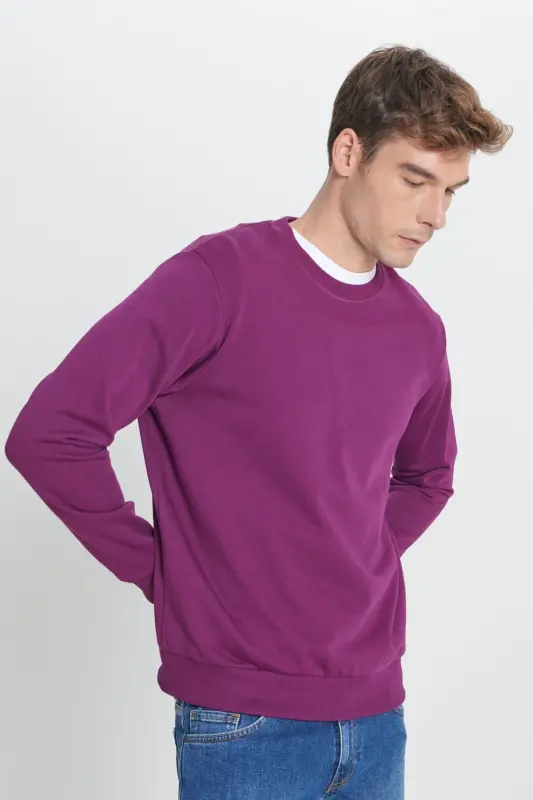 Erkek Koyu Mor Standart Fit Normal Kesim Bisiklet Yaka Pamuklu Sweatshirt - KOYU MOR - 3