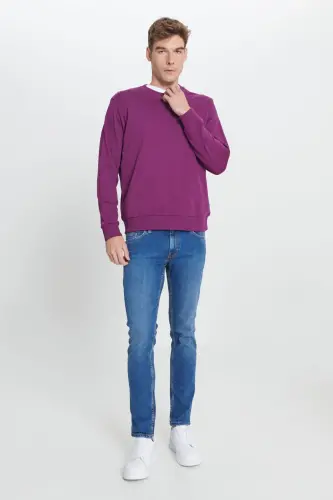 Erkek Koyu Mor Standart Fit Normal Kesim Bisiklet Yaka Pamuklu Sweatshirt - KOYU MOR - AC&CO / ALTINYILDIZ CLASSICS (1)