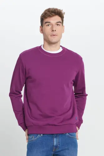 Erkek Koyu Mor Standart Fit Normal Kesim Bisiklet Yaka Pamuklu Sweatshirt - KOYU MOR 