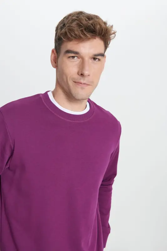 Erkek Koyu Mor Standart Fit Normal Kesim Bisiklet Yaka Pamuklu Sweatshirt - KOYU MOR - 4