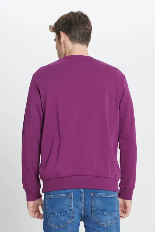 Erkek Koyu Mor Standart Fit Normal Kesim Bisiklet Yaka Pamuklu Sweatshirt - KOYU MOR - 5