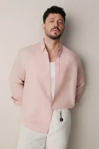 Erkek Koyu Pembe Düğmeli Yaka %100 Keten Comfort Fit Gömlek B002191 - Koyu Pembe 