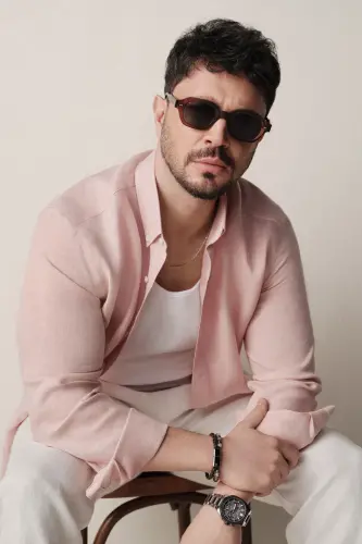 Erkek Koyu Pembe Düğmeli Yaka %100 Keten Comfort Fit Gömlek B002191 - Koyu Pembe - 3