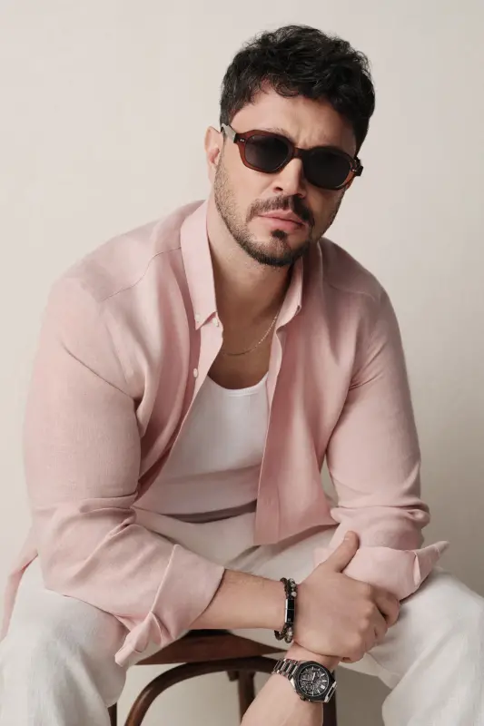 Erkek Koyu Pembe Düğmeli Yaka %100 Keten Comfort Fit Gömlek B002191 - Koyu Pembe - 3