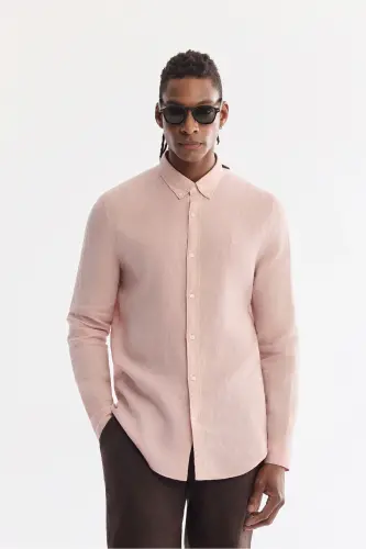 Erkek Koyu Pembe Düğmeli Yaka %100 Keten Comfort Fit Gömlek B002191 - Koyu Pembe - 4