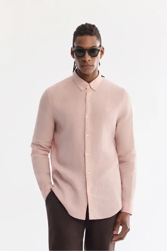 Erkek Koyu Pembe Düğmeli Yaka %100 Keten Comfort Fit Gömlek B002191 - Koyu Pembe - 4