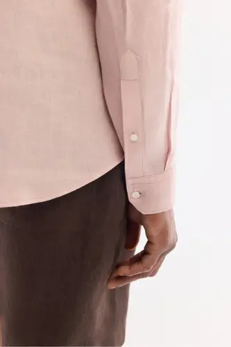 Erkek Koyu Pembe Düğmeli Yaka %100 Keten Comfort Fit Gömlek B002191 - Koyu Pembe - 7