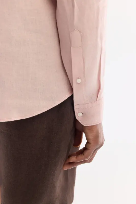 Erkek Koyu Pembe Düğmeli Yaka %100 Keten Comfort Fit Gömlek B002191 - Koyu Pembe - 7