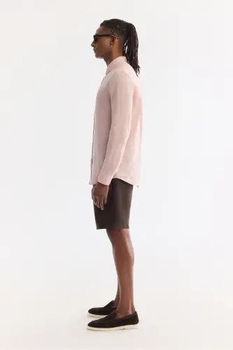 Erkek Koyu Pembe Düğmeli Yaka %100 Keten Comfort Fit Gömlek B002191 - Koyu Pembe - 8