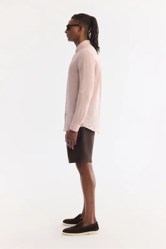 Erkek Koyu Pembe Düğmeli Yaka %100 Keten Comfort Fit Gömlek B002191 - Koyu Pembe - 8