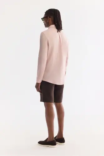 Erkek Koyu Pembe Düğmeli Yaka %100 Keten Comfort Fit Gömlek B002191 - Koyu Pembe - 9
